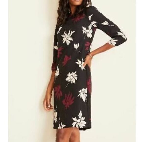 Ann Taylor Womens Burgundy Black Floral Shift Dress 3/4 Sleeves size 4 - Picture 1 of 10